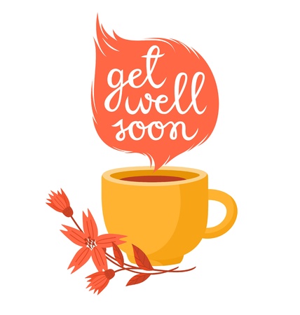 Get well soon card with cup of hot tea and flowers.のイラスト素材