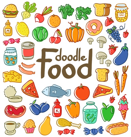 Colored doodle food set of 50 various products, fruits, vegetables and much more.のイラスト素材
