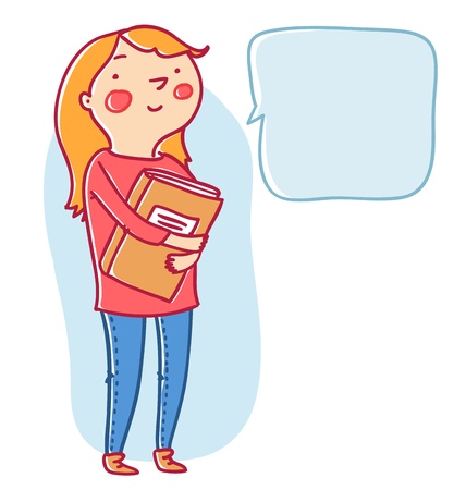 Cute girl with a book and speech bubbleのイラスト素材