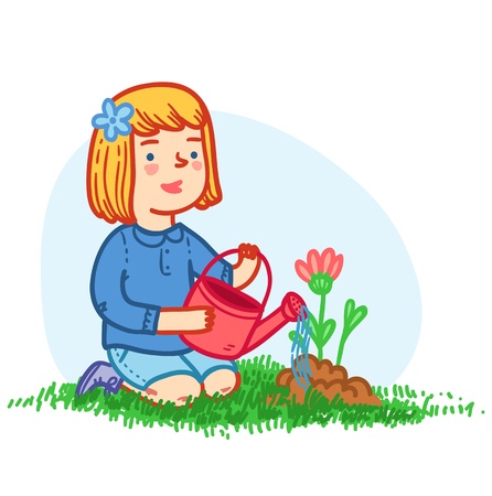Little girl planting flowersのイラスト素材