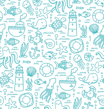 Seamless pattern with sea creatures doodles and nautical stuffのイラスト素材