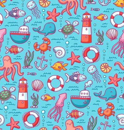 Seamless pattern with sea creatures doodles and nautical stuffのイラスト素材
