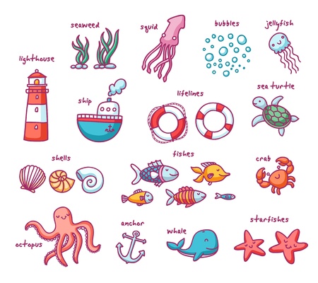 Set of 24 isolated doodles with sea creatures and nautical stuffのイラスト素材