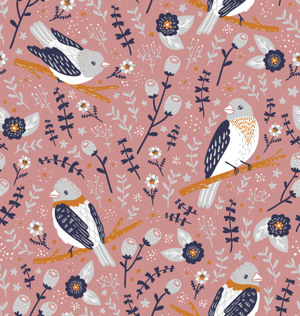 Beautiful birds and flower berries vector seamless patternのイラスト素材