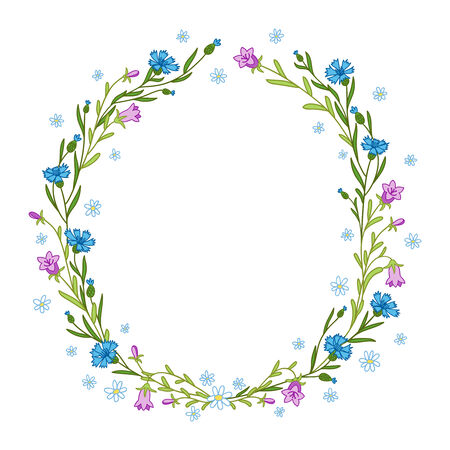 Floral wreath composition with cornflowers, chamomiles and bluebellsのイラスト素材