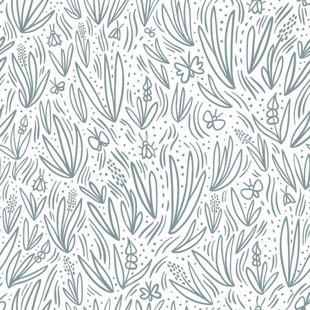Grey field florals with butterflies and bugs seamless patternのイラスト素材