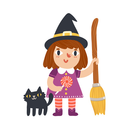 Little witch and her cat halloween cartoon characters, vector illustrationのイラスト素材