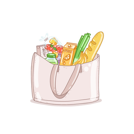 Shopping bag full of food and other productsのイラスト素材