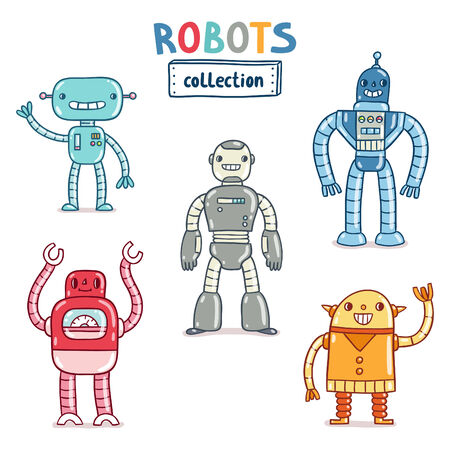 Collection of 5 colorful vector robotsのイラスト素材