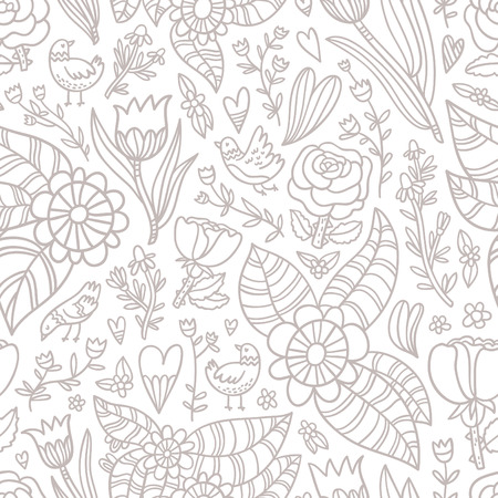 Flowers, birds, hearts beautiful seamless pattern in beige colorのイラスト素材