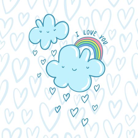 I love you blue valentine clouds with hearts and rainbow on a seamless hearts patternのイラスト素材