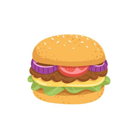 Big juicy burger with fresh vegetables and vegetable or meat cutletのイラスト素材
