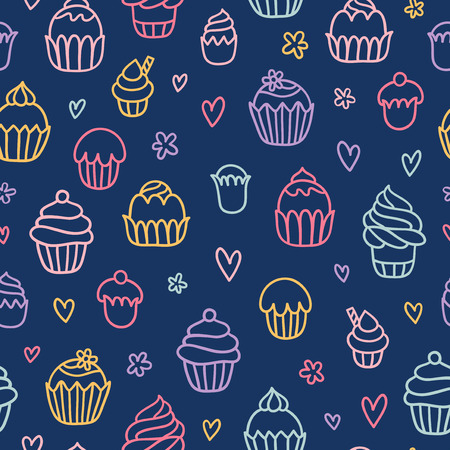 Cupcakes outlined colorful seamless pattern on blue backgroundのイラスト素材