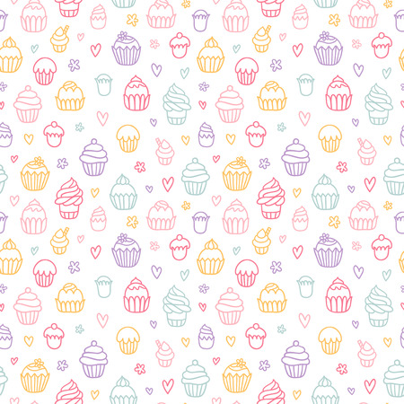 Cupcakes outlined colorful seamless pattern on white backgroundのイラスト素材