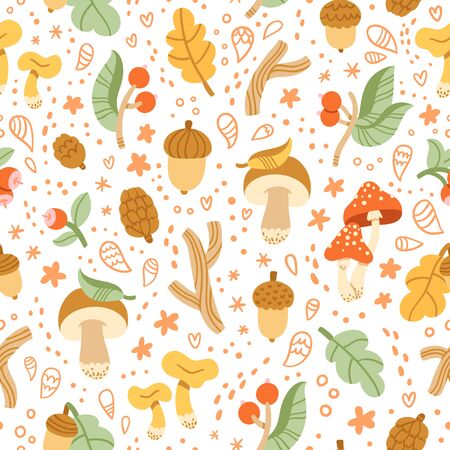 Colorful autumn treasures seamless pattern with mushrooms, sticks, acorns and other nature treasuresのイラスト素材