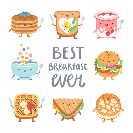 Best breakfast ever, collection of 8 vector food charactersのイラスト素材