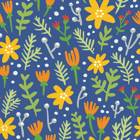 Blue background seamless pattern with colorful flowersのイラスト素材