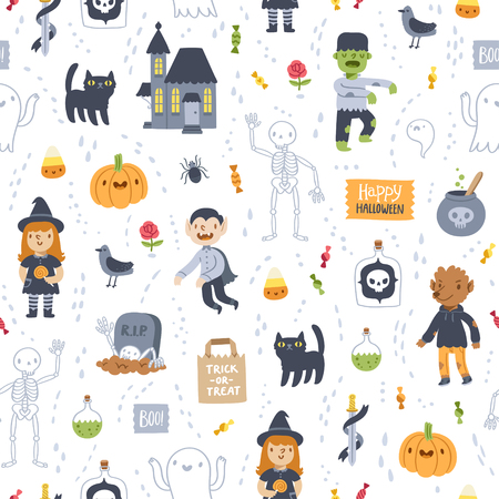Halloween super seamless pattern on white backgroundのイラスト素材
