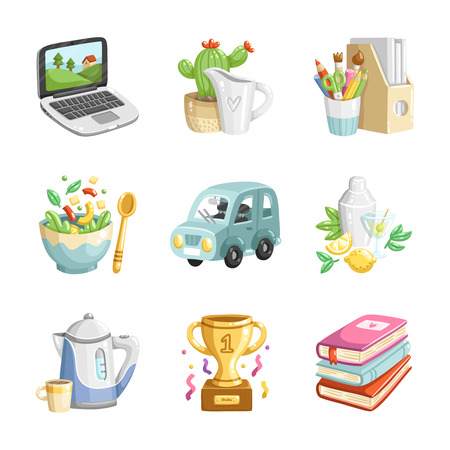 Collection of 9 colorful cartoon vector miscellaneous iconsのイラスト素材