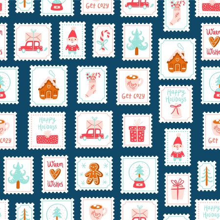Winter holidays decorative post stamps seamless pattern backgroundのイラスト素材