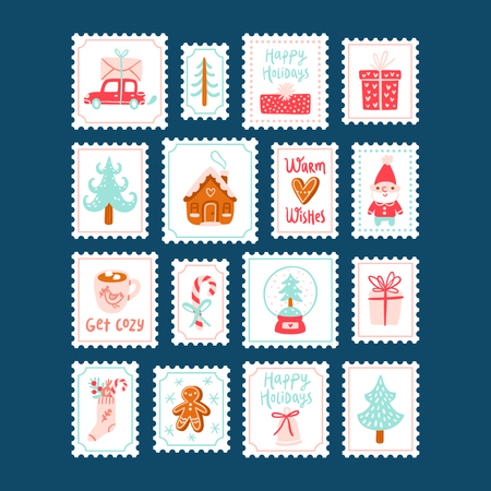 Winter holidays decorative post stamps collection isolated on blueのイラスト素材
