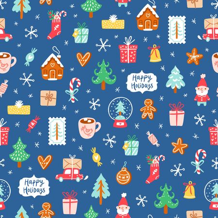 Winter holidays symbols repeat pattern backgroundのイラスト素材