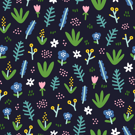 Cute little flowers on dark seamless patternのイラスト素材