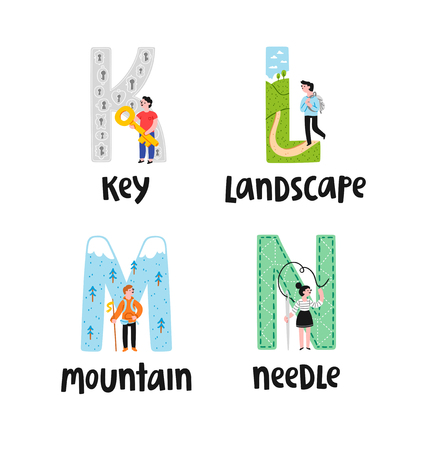 Alphabet letters k to n, illustrations setのイラスト素材