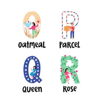Alphabet letters o to r, illustrations setのイラスト素材