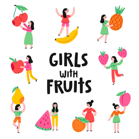 Girls with fruits, vector characters collectionのイラスト素材