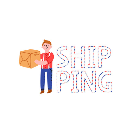 Shipping word, vector illustration with a boy holding a parcelのイラスト素材