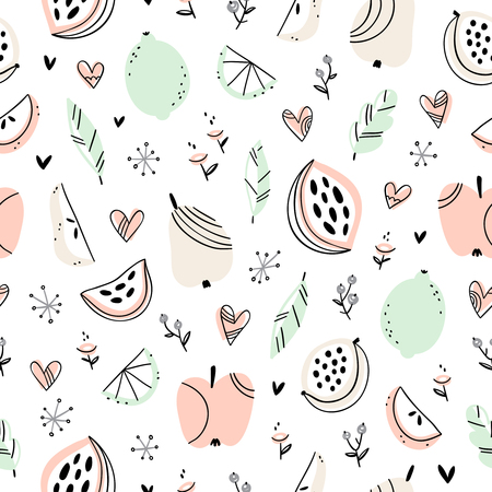 Stylized fruits and doodle hearts seamless patternのイラスト素材