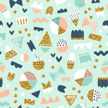 Fun shapes seamless pattern with gold glitter effectのイラスト素材