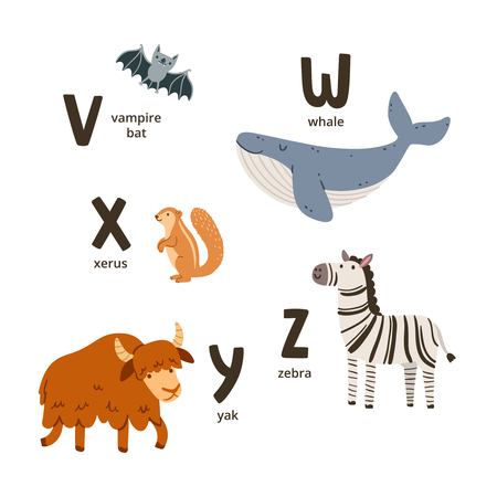 Animal alphabet letters v to z, vector illustration setのイラスト素材
