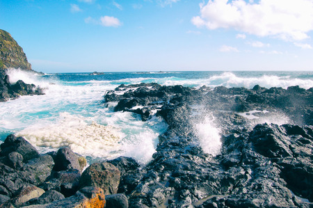 Hot ocean pool, wnere cold ocean water meets volcano heat, Azores, Portugalの写真素材