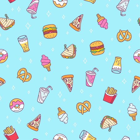 Fast food seamless pattern on blue backgroundのイラスト素材
