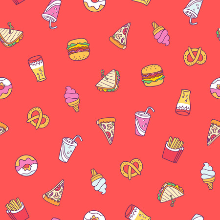 Fast food seamless pattern on red backgroundのイラスト素材