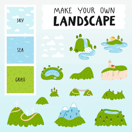 Make your own landscape with 3 seamless patterns, 13 mountains, lakes and clouds illustrations.のイラスト素材