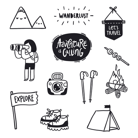 Outdoor adventures doodle illustrationsのイラスト素材