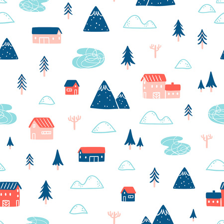 Winter town landscape seamless patternのイラスト素材