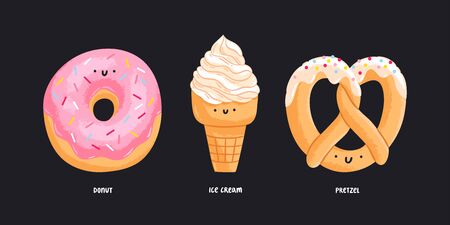 Donuts, ice cream and pretzel isolated vector illustrations.のイラスト素材