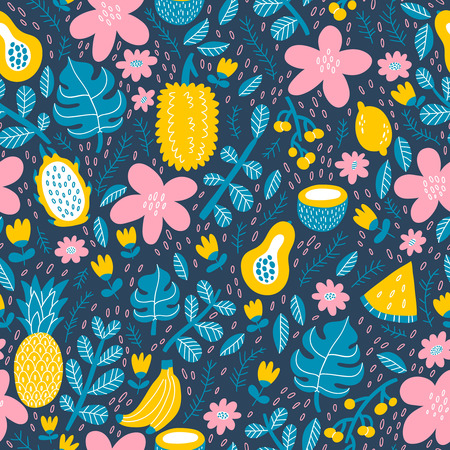 Exotic tropical fruits seamless patternのイラスト素材