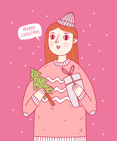 A girl wishing you a Merry Christmas, vector illustrationのイラスト素材