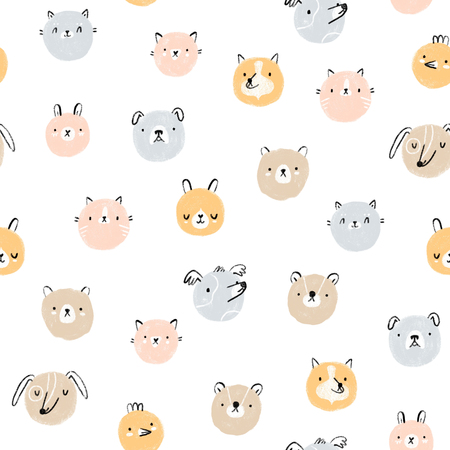 Cute hand drawn animal faces seamless patternの写真素材