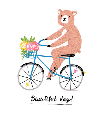 Beautiful day, bear on a bicycle, illustrated cardの写真素材