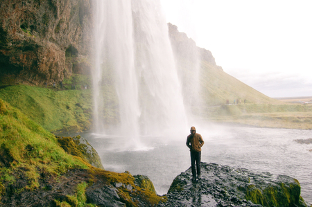 Seljalandsfoss waterfall view from the insideの写真素材