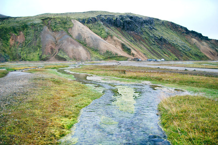Landmannalaugar stream, view on parking placeの写真素材