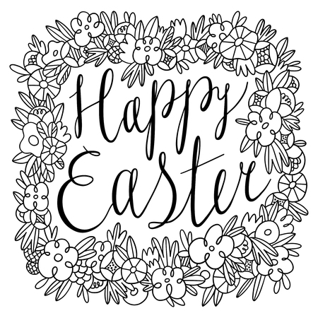 Happy Easter floral frame, black outline illustrationのイラスト素材