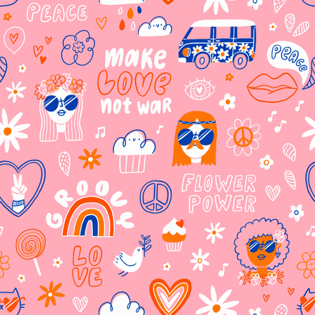 Sixties hippie style seamless patternの写真素材