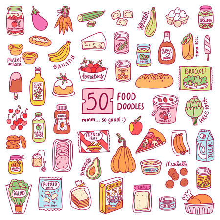 Set of 50 isolated food doodles, vector illustrationsのイラスト素材